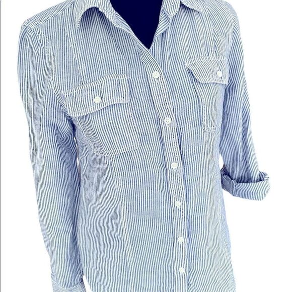 KENAR button front linen blend striped shirt with tab button sleeves, size XS - Picture 8 of 8